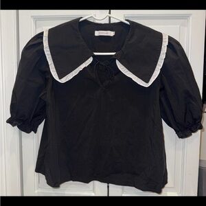 Avantlook Black Blouse with White-Trim Peter Pan Collar and Puff Sleeve